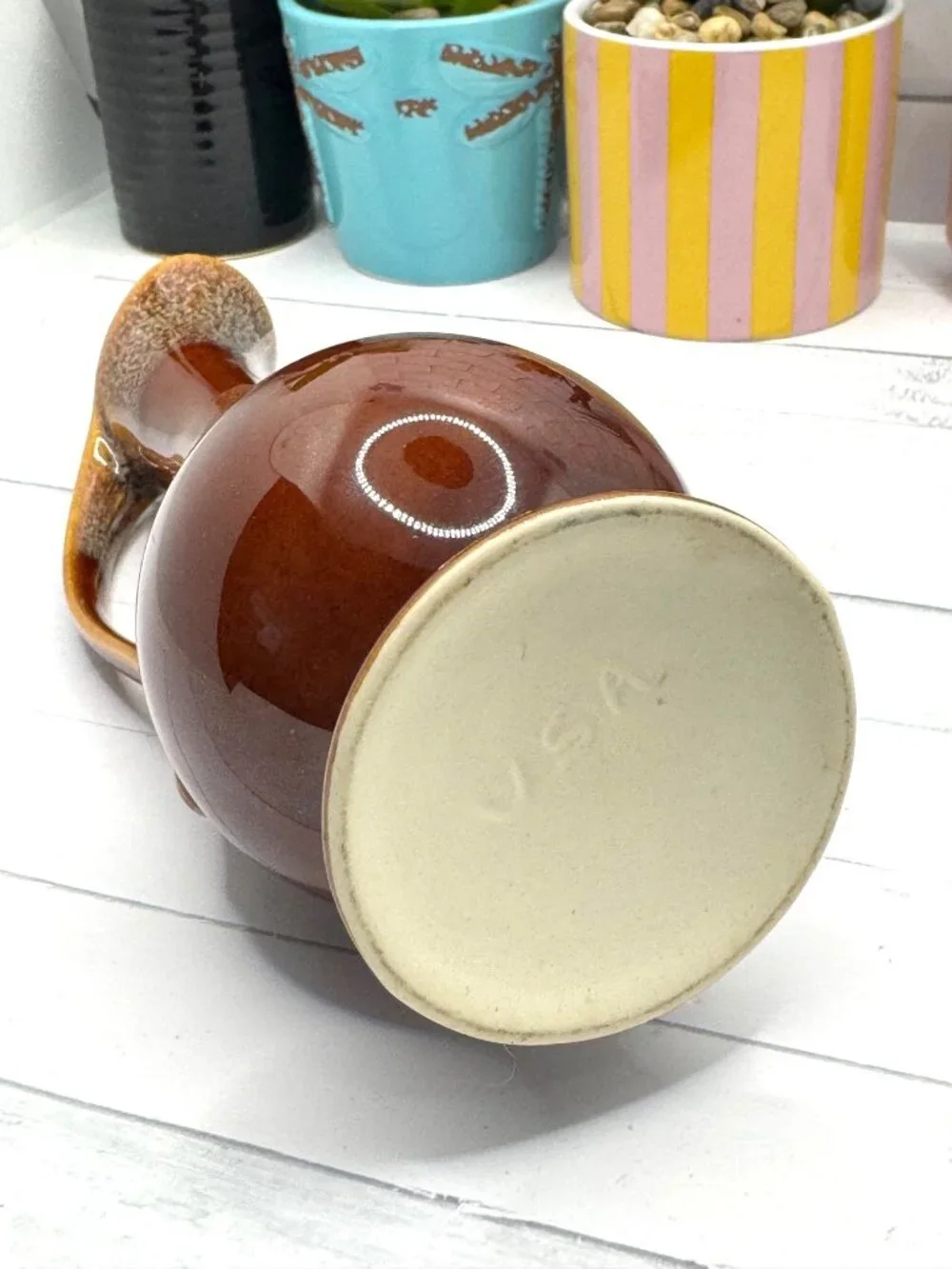 Vintage MCM Dalton USA Brown Drip Glaze Ceramic Ewer Vase With Handle